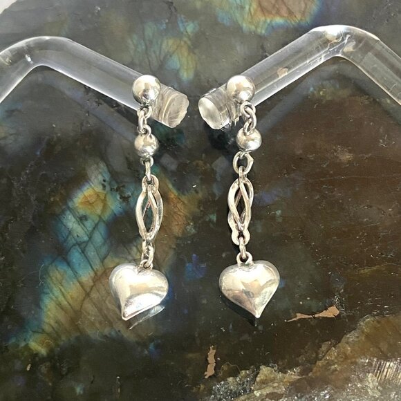 Sterling Silver 925 Dainty Petite Spiral Puffy Heart Dangle Drop Earrings - Picture 7 of 16